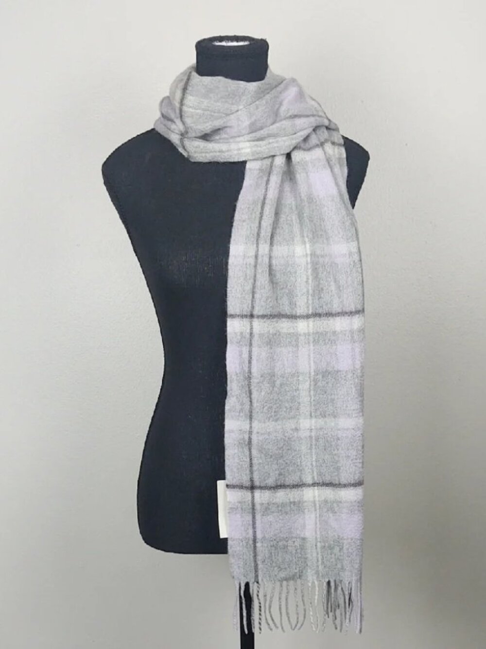NWT Louisa Perini 100% Cashmere Plaid Fringe Scarf Gray Purple Après Ski